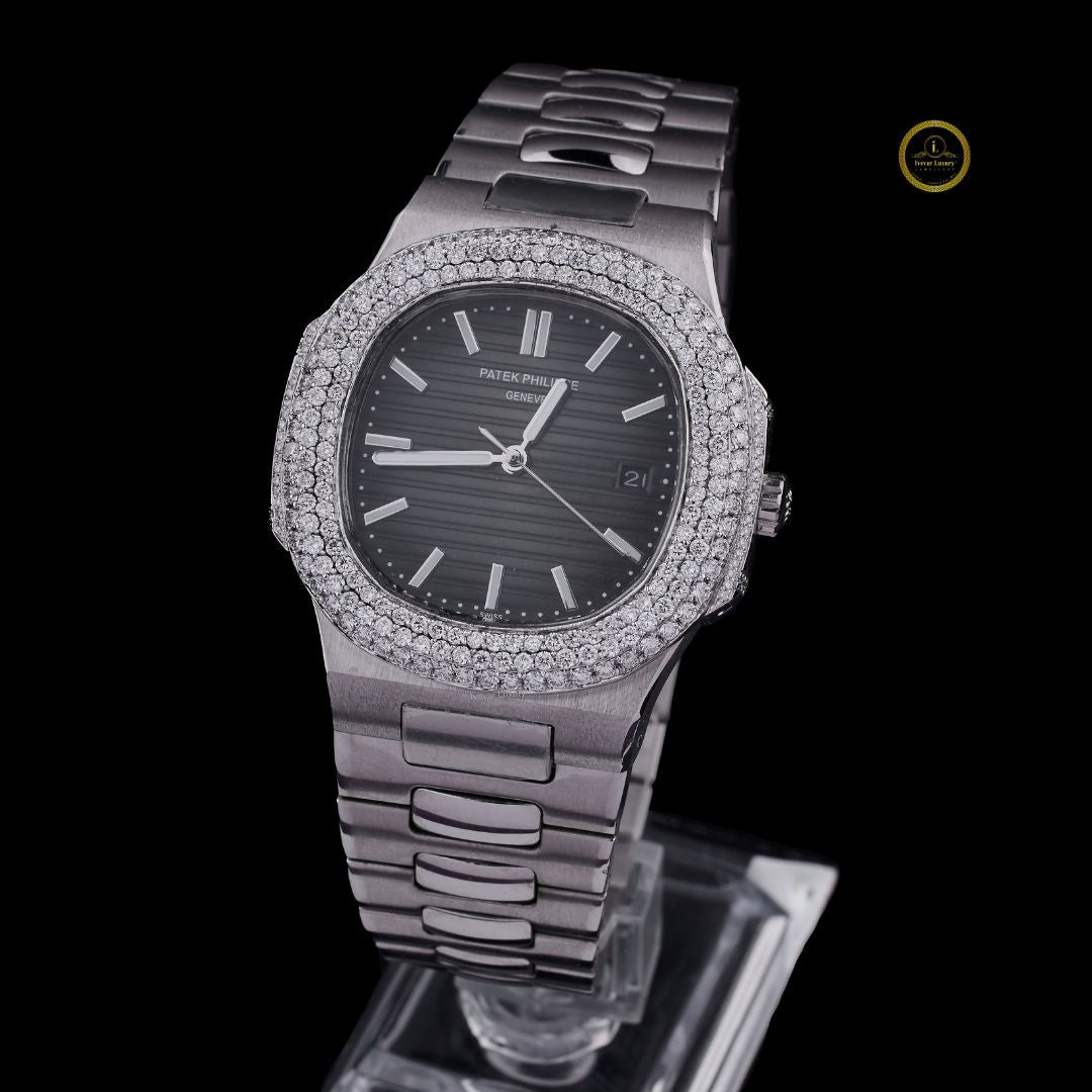 Round Cut Diamond Triple Row Bezel Octagonal Black Dial Watch with Steel Link Bracelet - View 2