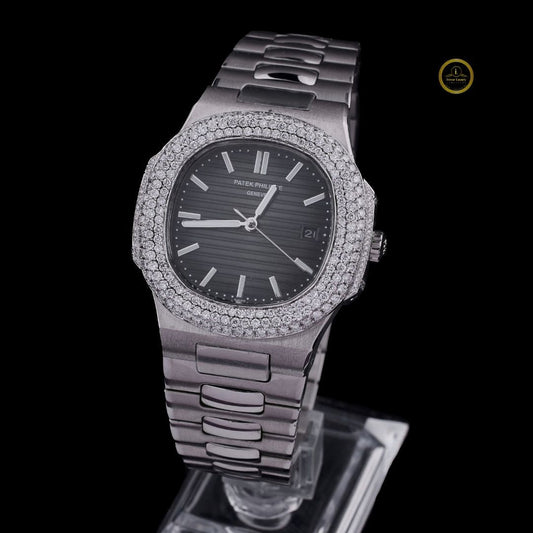 Round Cut Diamond Triple Row Bezel Octagonal Black Dial Watch with Steel Link Bracelet