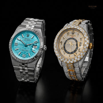 Royal Luxe Timepiece Set Moissanite Baguette And Round Diamond Detail & Ice Blue Sophistication