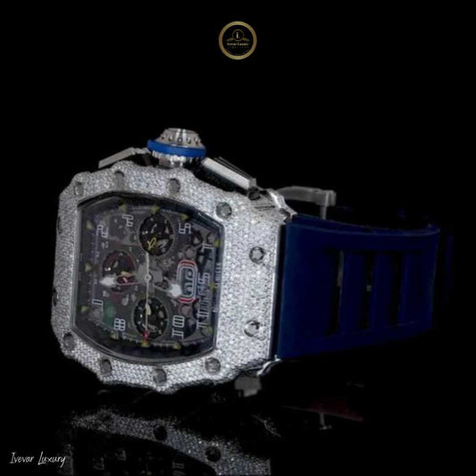 Diamond Tonneau Skeleton Chronograph Watch with Blue Rubber Strap