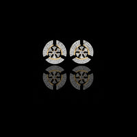 Crescent Round Moissanite Diamond Studs Accented With Multi Petal Floral Diamond Design