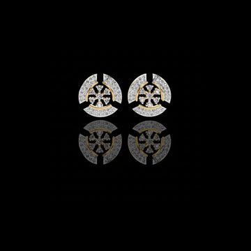 Crescent Round Moissanite Diamond Studs Accented With Multi Petal Floral Diamond Design