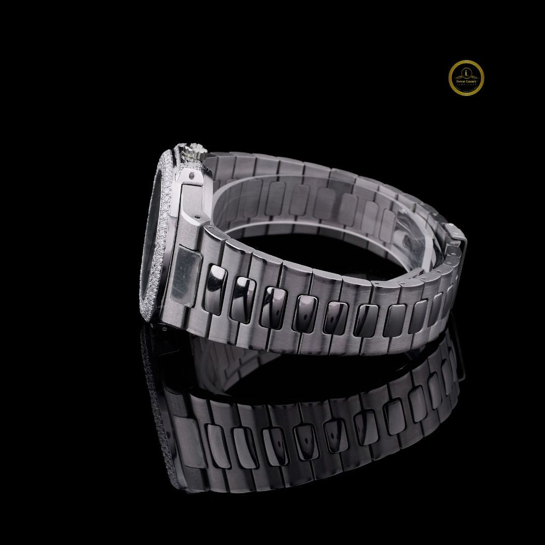 Round Cut Diamond Triple Row Bezel Octagonal Black Dial Watch with Steel Link Bracelet - View 3