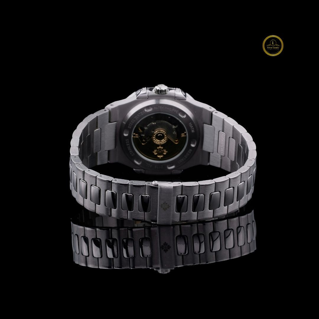 Round Cut Diamond Triple Row Bezel Octagonal Black Dial Watch with Steel Link Bracelet - View 4