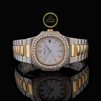 Round Cut Diamond Double Row Bezel Octagonal White Dial Two-Tone Link Bracelet Watch