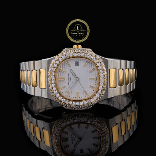 Round Cut Diamond Double Row Bezel Octagonal White Dial Two-Tone Link Bracelet Watch
