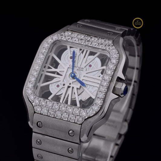 Round Cut Diamond Bezel Skeleton Santos Style Watch with Screw Link Bracelet