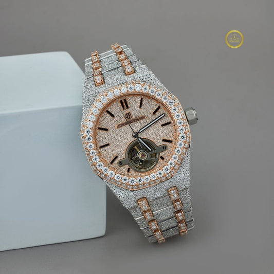 Full Iced Out Rose Gold Tourbillon Watch with Diamond Pave Dial & Bracelet