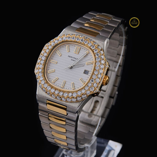 Round Cut Diamond Double Row Bezel Octagonal White Dial Two-Tone Link Bracelet Watch
