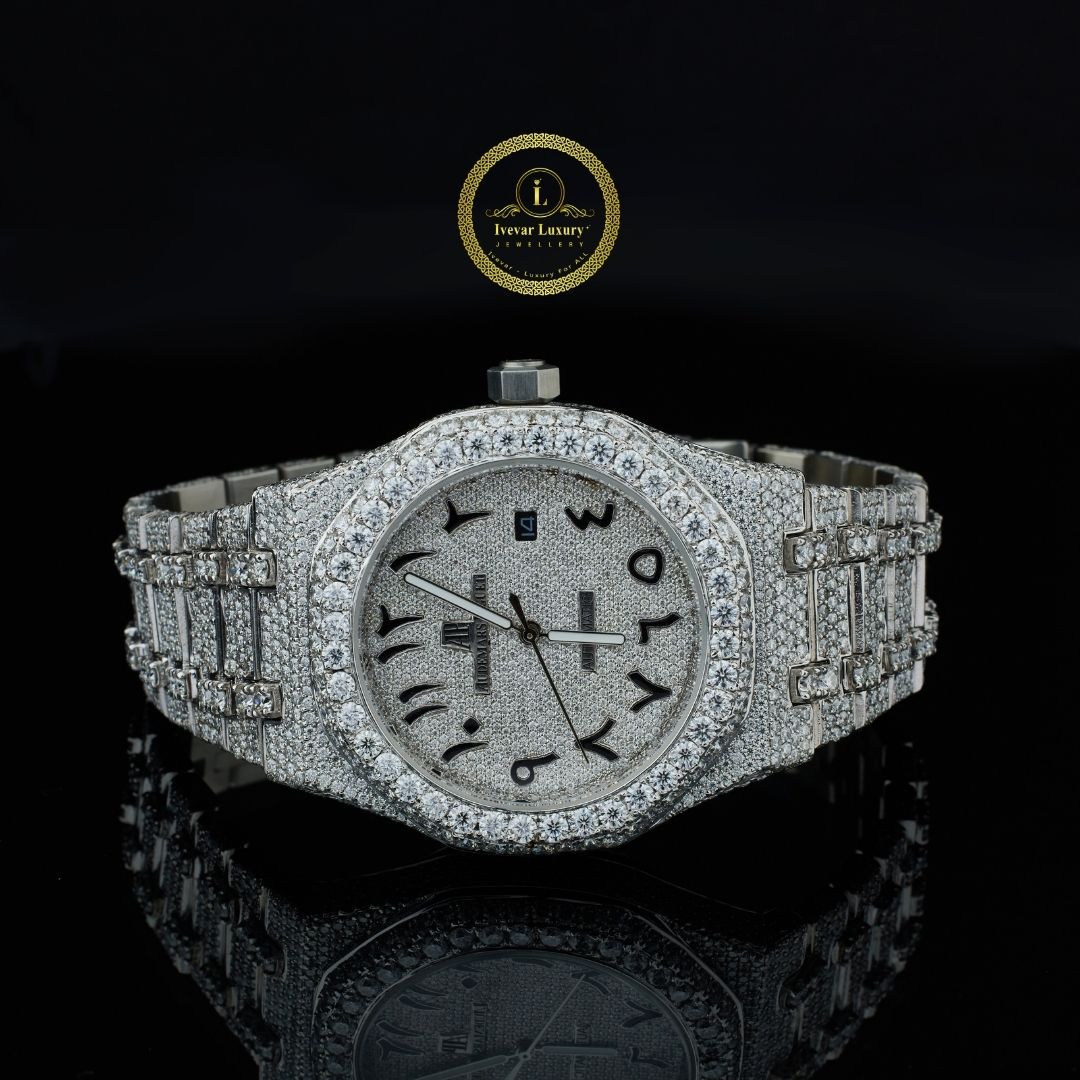 Full Iced Out Calendar Watch with Arabic Numeral Diamond Dial & Diamond Bracelet