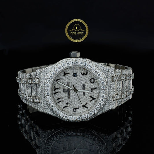 Full Iced Out Calendar Watch with Arabic Numeral Diamond Dial & Diamond Bracelet