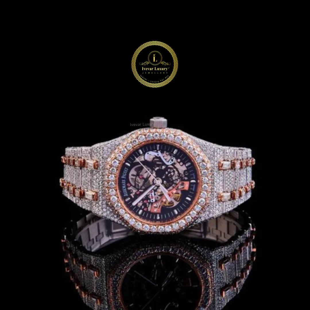 Full Iced Out Diamond Skeleton Watch with Open-Worked Dial & Two-Tone Finish