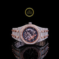 Full Iced Out Diamond Skeleton Watch with Open-Worked Dial & Two-Tone Finish