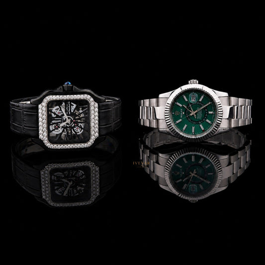 Ivevar Elite Timepiece Duo Diamond Skeleton Watch And Emerald Green Luxury Watch Collection