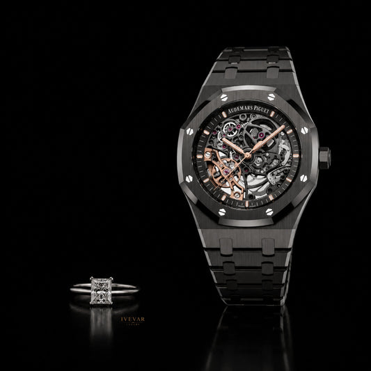 Obsidian Prestige Duo  Skeleton Luxury Watch & Radiant Cut Moissanite Diamond Ring Set