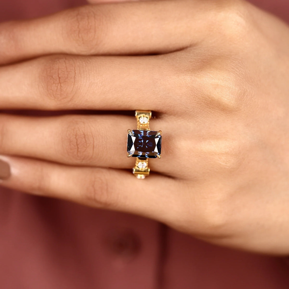 Radiant Cut Blue Sapphire Moissanite Diamond Engagement Ring with Diamond Accent Bar Band