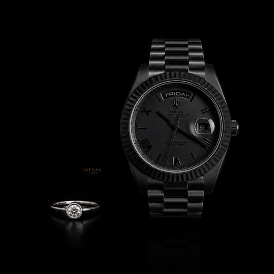 Black Signature Set Luxury Watch with Round Cut Moissanite Diamond Solitaire