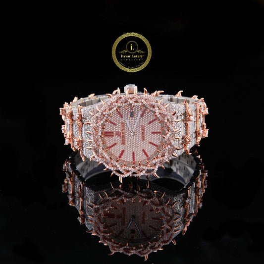 Full Iced Out Diamond Floral Thorn Watch with Rose Gold Vine Bezel & Bracelet