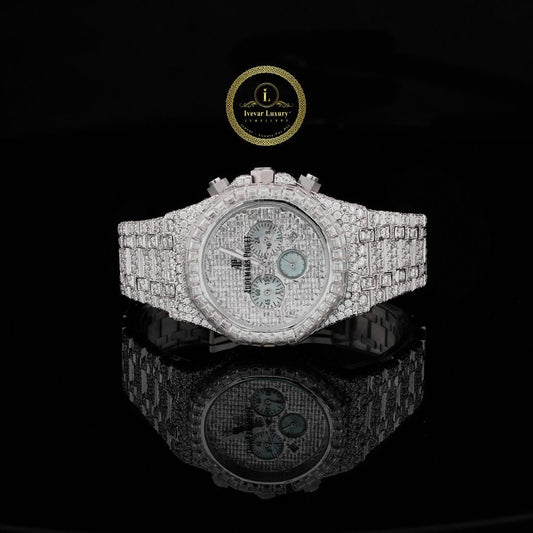 Full Iced Out Diamond Chronograph Watch with Baguette Bezel & Pavé Dial