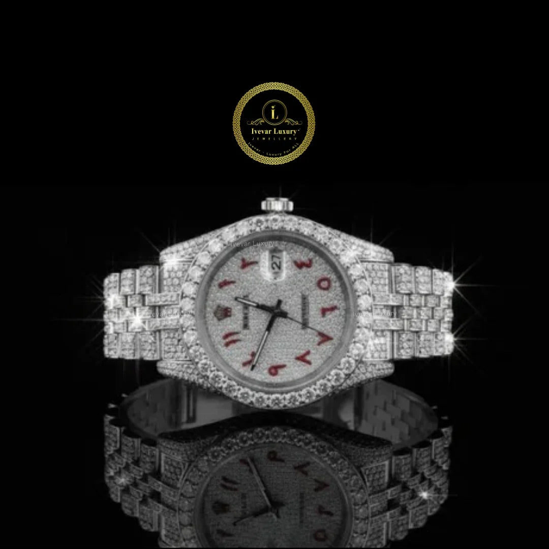 Full Iced Out Diamond Watch with Custom Red Arabic Letter Dial & Diamond Bezel
