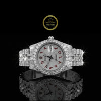 Full Iced Out Diamond Watch with Custom Red Arabic Letter Dial & Diamond Bezel