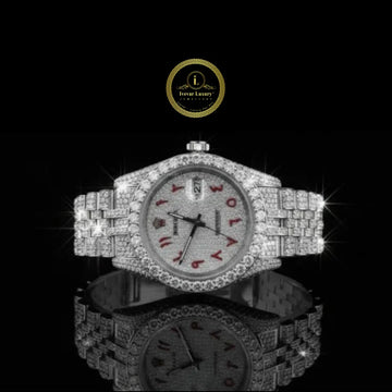 Full Iced Out Diamond Watch with Custom Red Arabic Letter Dial & Diamond Bezel