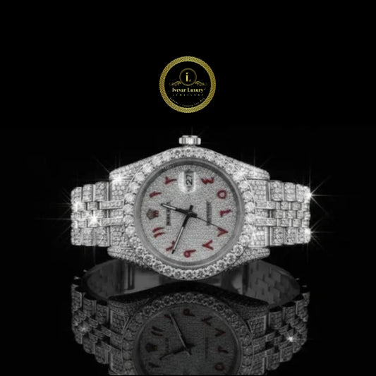 Full Iced Out Diamond Watch with Custom Red Arabic Letter Dial & Diamond Bezel