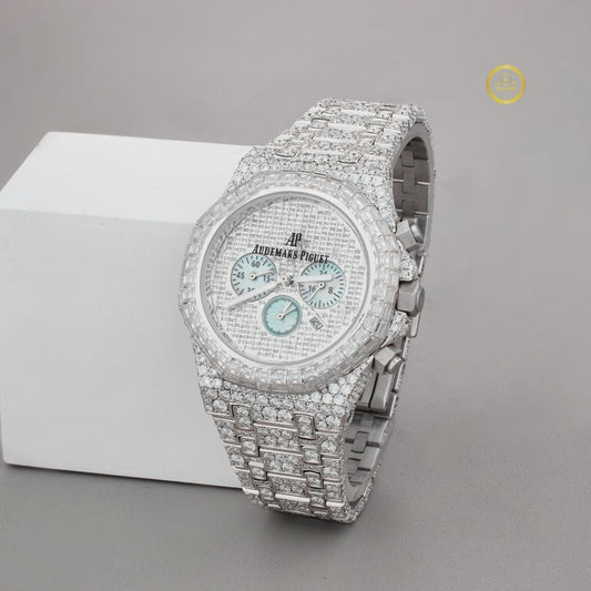 Full Iced Out Diamond Chronograph Watch with Baguette Bezel & Pavé Dial