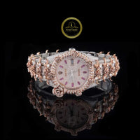 Full Iced Out Diamond Watch with Floral Scroll Bezel & Pink Baguette Dial Markers