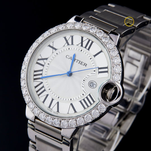 Round Cut Diamond Bezel Round Silver Guilloche Dial Watch with Steel Link Bracelet