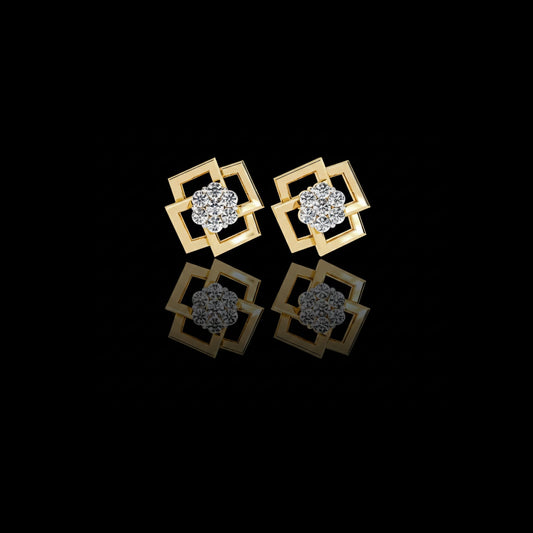 Geometric Square Motif Round Lab Diamond Earrings with Brilliant Center Cluster Design