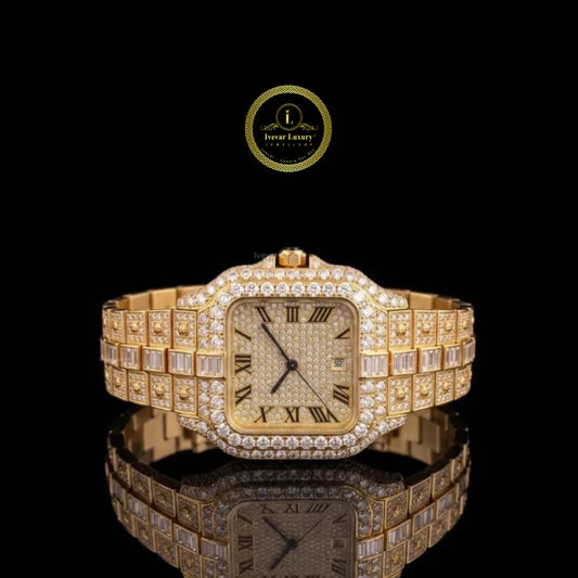 Round Diamond Paved Roman Dial Watch For Men