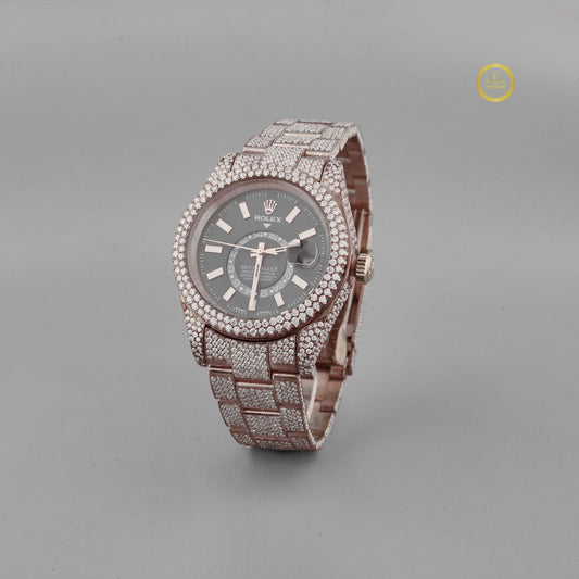 Full Iced Out Diamond Sky-Dweller Watch with Slate Gray GMT Dial & Annual Calendar