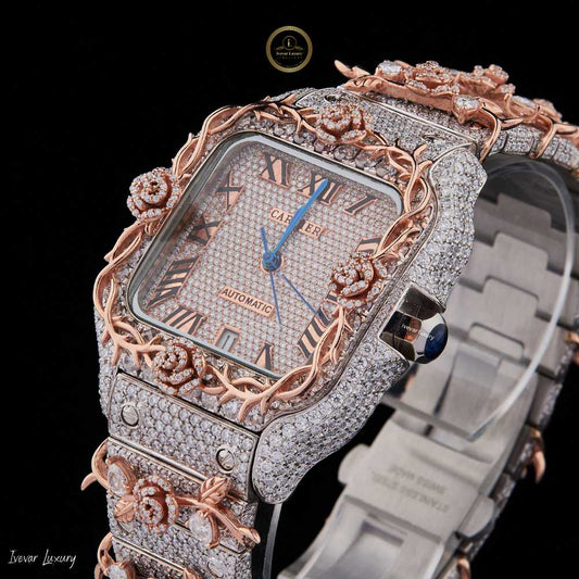 Full Iced Out Diamond Watch with Floral Vine Bezel, Roman Dial & Date Display