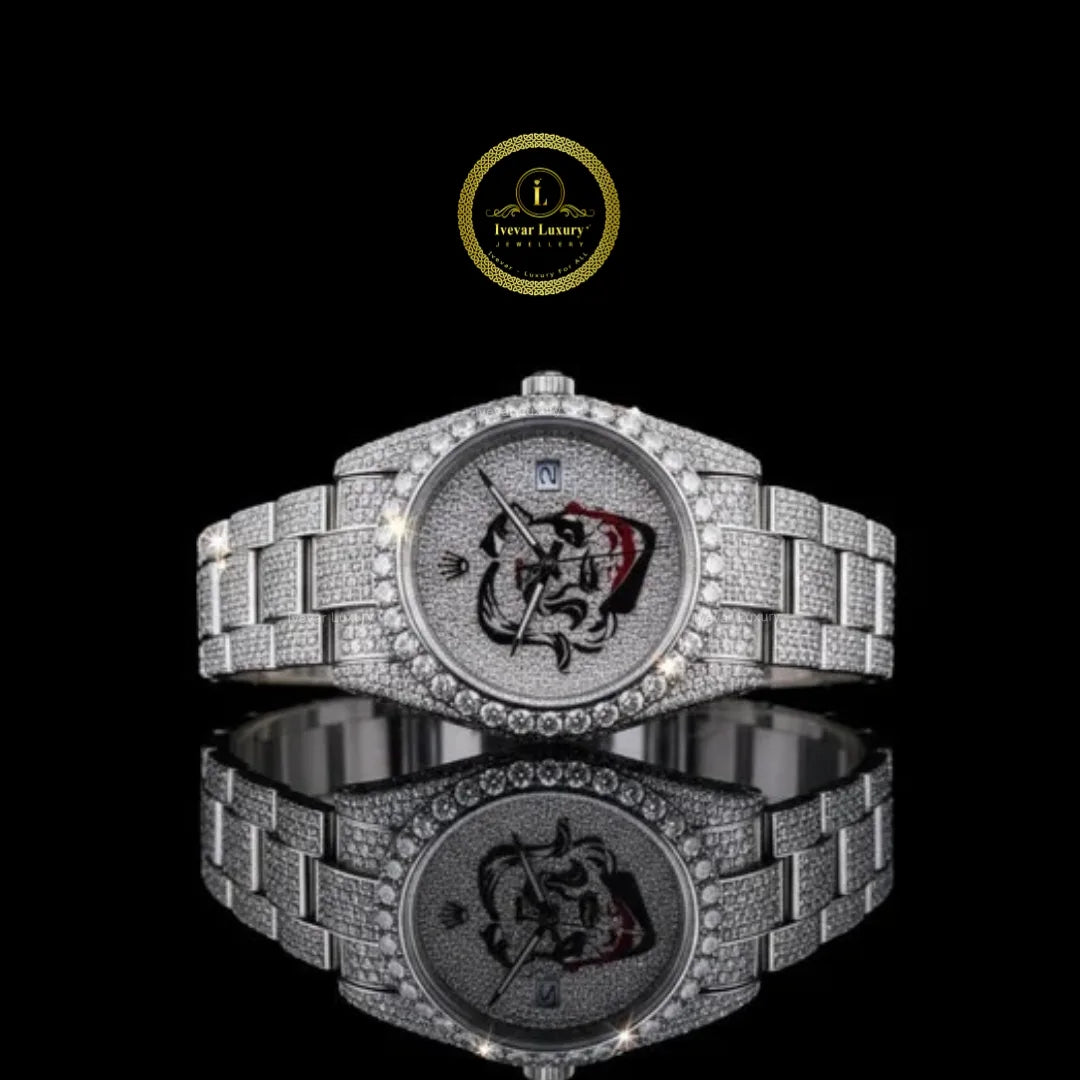 Full Iced Out Diamond Watch with Custom Graphic Pavé Dial & Diamond Bezel