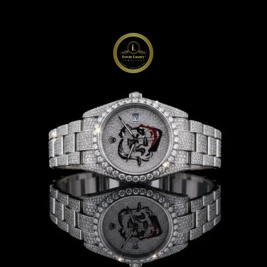Full Iced Out Diamond Watch with Custom Graphic Pavé Dial & Diamond Bezel