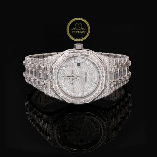 Full Iced Out Diamond Watch with Baguette Bezel, Dial & Link Band