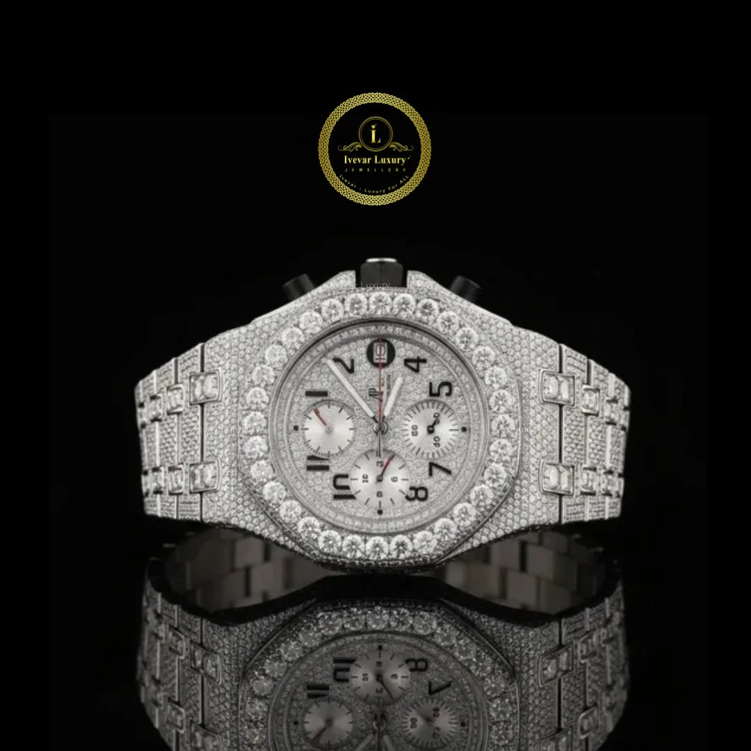 Full Iced Out Diamond Chronograph Watch with Racing Numeral Dial & Diamond Bezel