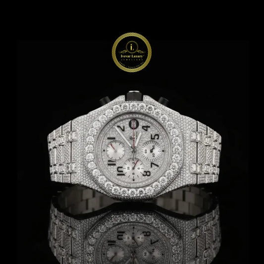Full Iced Out Diamond Chronograph Watch with Racing Numeral Dial & Diamond Bezel