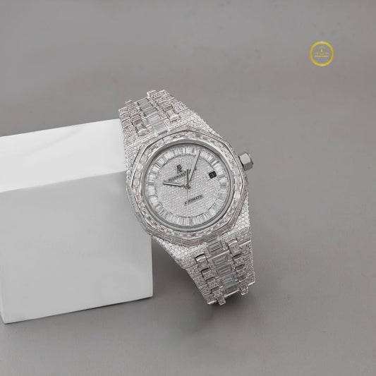 Full Iced Out Diamond Watch with Baguette Bezel, Dial & Link Band