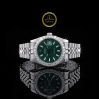 Round Cut Moissanite Diamond Bezel Green Dial Classic Date Style Watch with 5-Link Bracelet