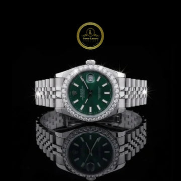 Round Cut Moissanite Diamond Bezel Green Dial Classic Date Style Watch with 5-Link Bracelet