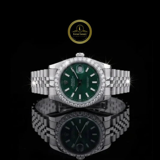 Round Cut Moissanite Diamond Bezel Green Dial Classic Date Style Watch with 5-Link Bracelet