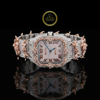 Full Iced Out Diamond Watch with Floral Vine Bezel, Roman Dial & Date Display