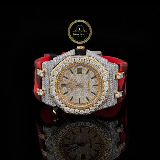 Half Iced Out Diamond Watch with Round Diamond Bezel & Red Camo Rubber Strap