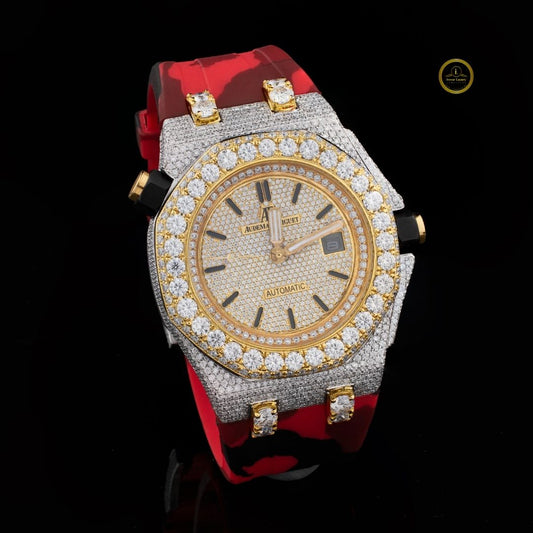 Half Iced Out Diamond Watch with Round Diamond Bezel & Red Camo Rubber Strap