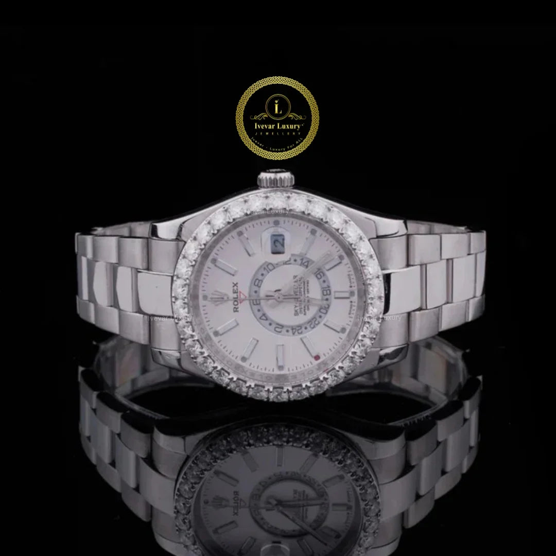 Round Cut Lab Diamond Bezel Dual-Time Style Watch with 3-Link Bracelet