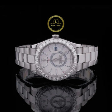 Round Cut Lab Diamond Bezel Dual-Time Style Watch with 3-Link Bracelet