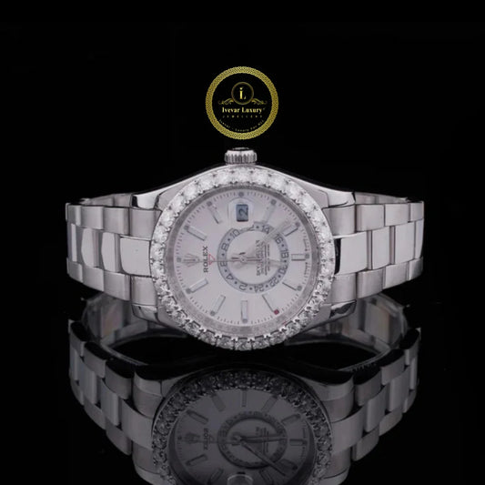Round Cut Lab Diamond Bezel Dual-Time Style Watch with 3-Link Bracelet