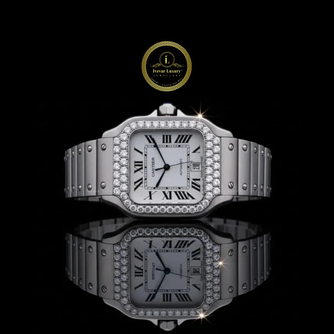 Round Cut Diamond Bezel Square Style Roman Numerals Watch with Screw Link Bracelet